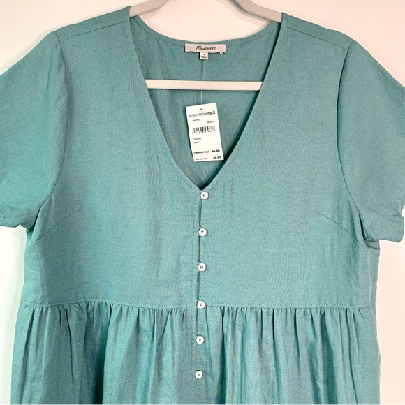 NEW Madewell Alexandra V-Neck Button Front Linen Blend Mini Dress Size L Teal - Picture 4 of 10